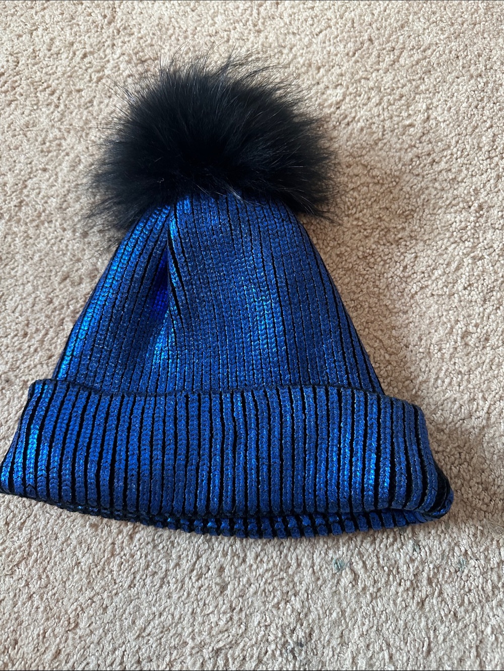 Adrienne Landau Metallic Blue Pom Beanie with Black Fur Pom